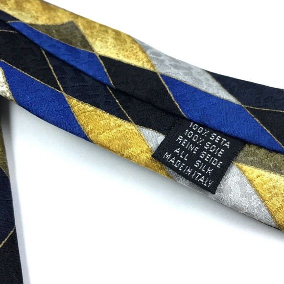 Elegant Striped Zig Zag Abstract Black Blue Yellow Gray 100% Silk Necktie ITALY - Picture 8 of 10